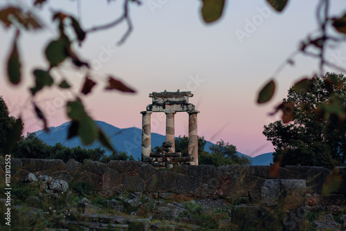 ancient Greek temple classic column building travel heritage life style romantic sunset picturesque nature highland environment space of south Europe Mediterranean region