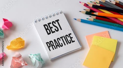 Best practice text on white sticky note on white background. photo