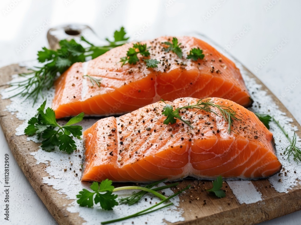 Fresh salmon fillets with pepper and herbs on wooden board. Fresh salmon fillets with pepper and herbs on wooden board.
