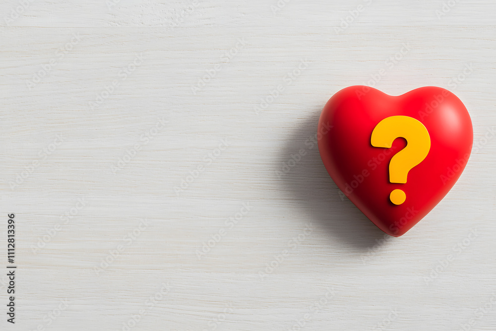 A Red Heart-Shaped Object and a Yellow Question Mark, Symbolising Curiosity and Love in a Creative and Bold Design