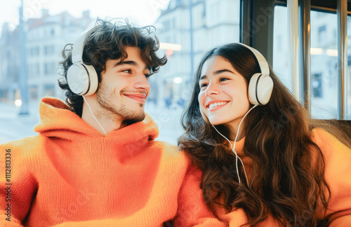 Two young friends enjoying music with headphones together sitting on a bus during a winter day, radiating warmth, happiness and connection. photo