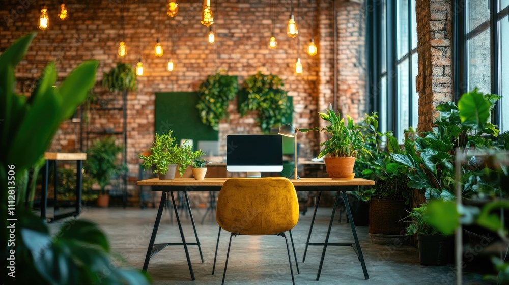 Obraz premium A desk surrounded by green potted plants in an office designed to promote sustainability and creative work.