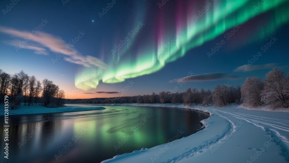 Enchanting winter landscape with auroras over a serene river. Enchanting winter landscape with auroras over a serene river.