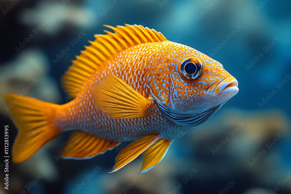 Naklejka premium Vivid Orange Fish Swims In Blue Water