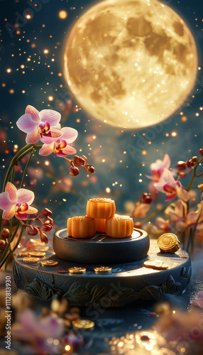 Lunar New Year, Product display podium mock up with presentation space, bright full moon Asian garden, decorative mooncakes, orchids, golden coins for Lunar New Year blessings, ad, podium platform