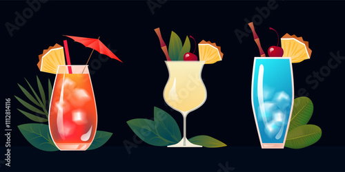Set of Tropical Cocktails with Exotic Decorations on Dark Background, Mai Tai, Pina Colada, and Blue Lagoon