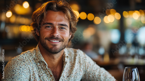 Smiling young man with brown hair enjoying a drink in a cozy restaurant with warm lighting and blurred background. Generative AI