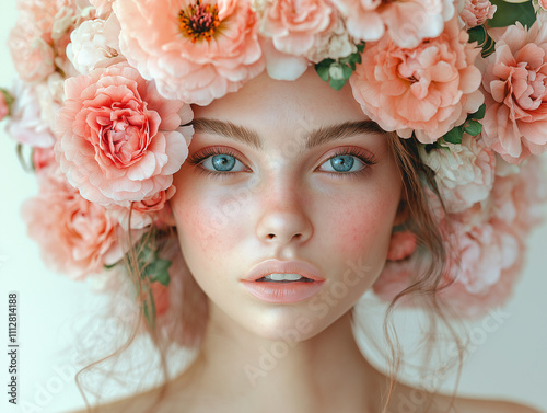 Portrait of a young woman with a wreath of delicate pink flowers on her head. Her gaze is directed into the distance, expressing dreaminess and tenderness. An image filled with femininity and romance. photo