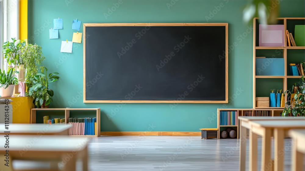 Modern Black Chalkboard in a Vibrant School Classroom Setting With Plants and Books