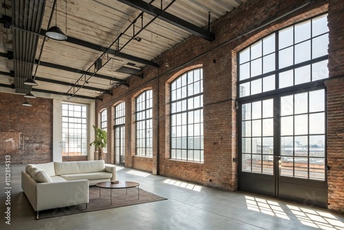 An industrial-style loft with exposed brick walls, large metal-framed windows, and minimalist furniture in a spacious open layout