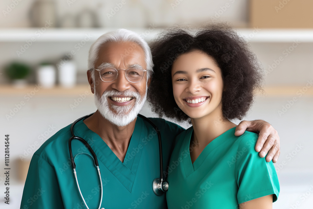 Smiling healthcare professionals pose together in a modern medical office environment Smiling healthcare professionals pose together in a modern medical office environment