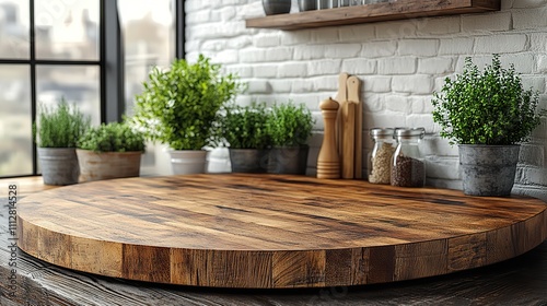 kitchen table with an empty wooden pedestal in front of a white brick wal photo