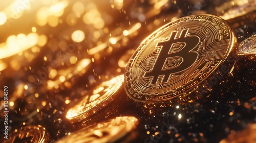 Golden Bitcoin Coins with Glittering Details and Digital Glow - made with Generative AI photo