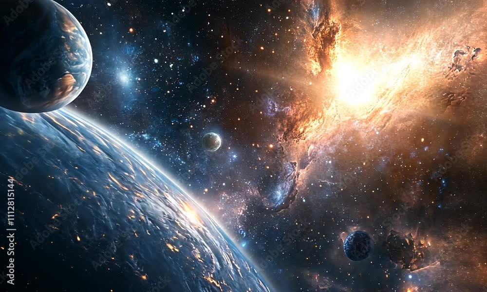A stunning cosmic scene featuring planets and a bright star in a vibrant galaxy backdrop.