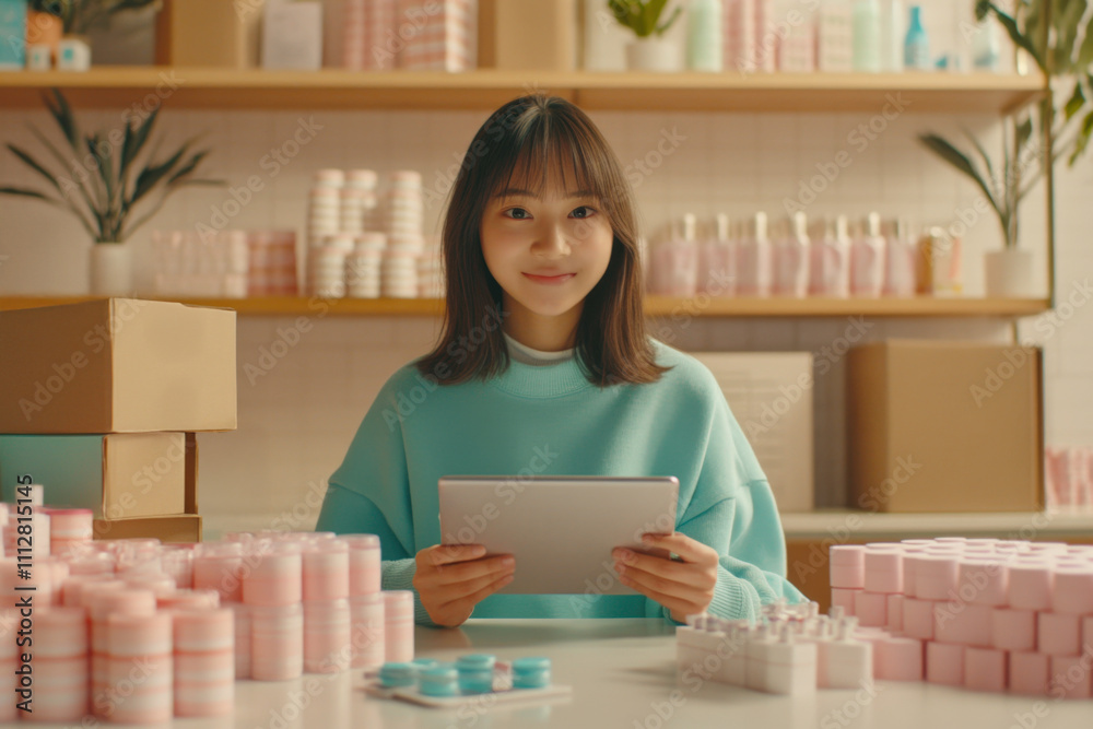 Young Influencer Using AI to Transform Online Shopping in Modern Small Business Warehouse Young Influencer Using AI to Transform Online Shopping in Modern Small Business Warehouse