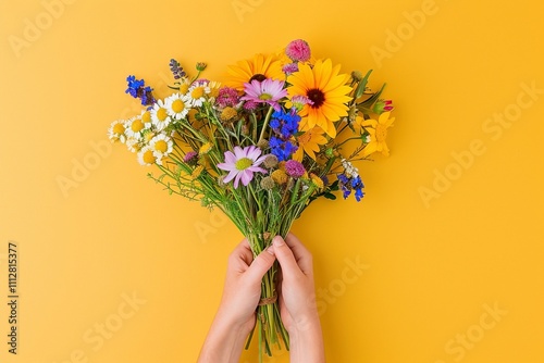 Hands Holding Wildflower Bouquet Against Vibrant Background
