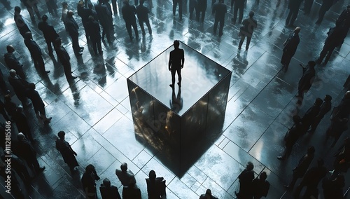 A man in black attire stands centrally inside an iron cube, embodying themes of confinement and contemplation.