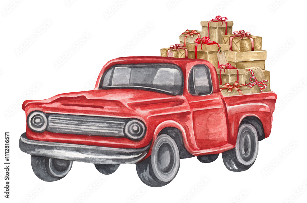 Christmas red truck with presents and Christmas tree. Farmhouse vintage car. Winter rustic truck. Watercolor xmas truck. Red pickup.