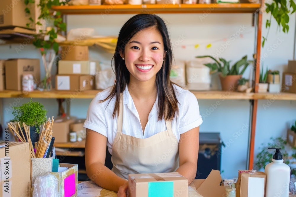 Young Asian Woman Influencer Smiling While Working on Online Shopping Technology in a Warehouse Young Asian Woman Influencer Smiling While Working on Online Shopping Technology in a Warehouse