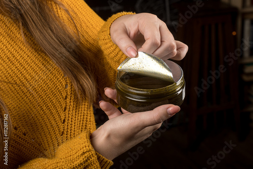 A person in a yellow sweater is opening a jar of green cosmetic cream, revealing the product inside. The close-up shot highlights the texture and packaging of the skincare product.