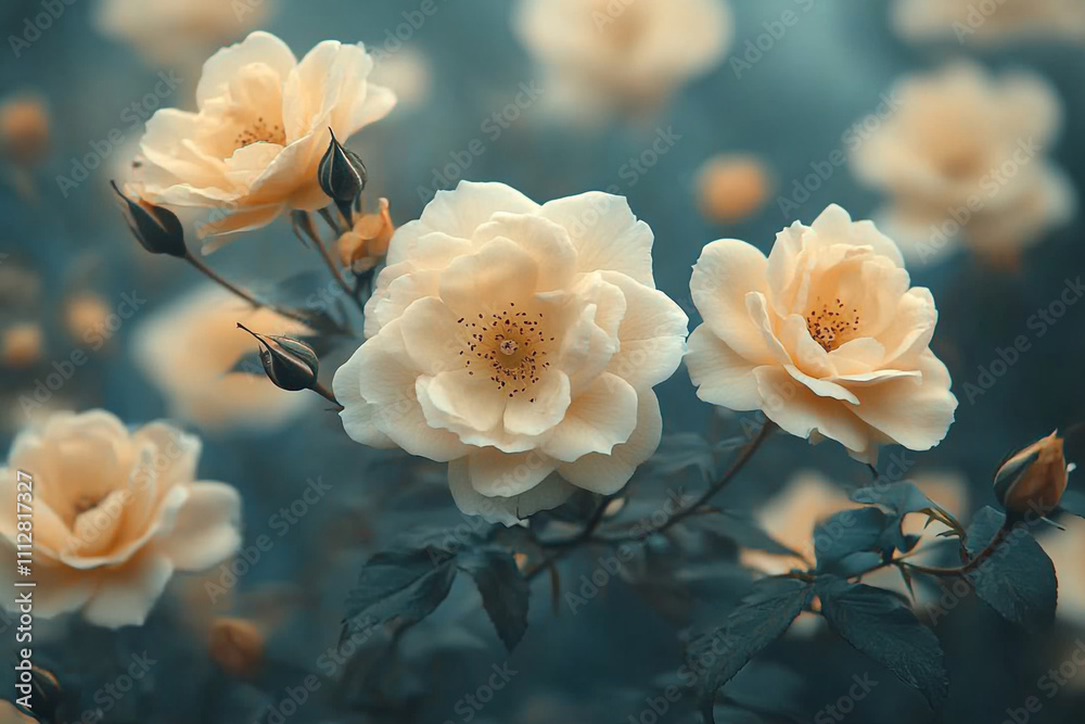 Pale Yellow Roses Bloom in Garden Setting Pale Yellow Roses Bloom in Garden Setting