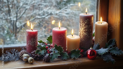 Window ledge decorated with Christmas candles and holly photo