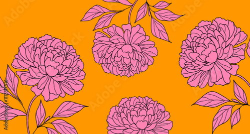 Floral background. Pink peonies on an orange background. Modern botanical design for textiles, wallpapers, and decor