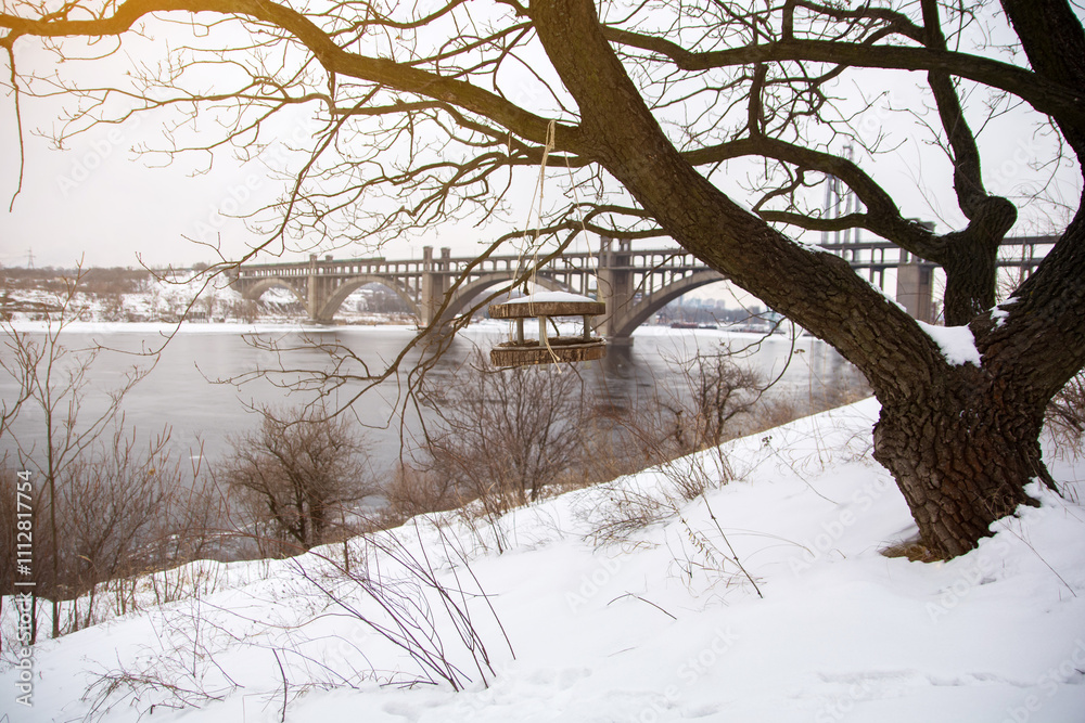 Rustic wooden bird feeder hanging from a tree branch with a snowy bridge in the background, creating a serene winter scene by the river. Rustic wooden bird feeder hanging from a tree branch with a snowy bridge in the background, creating a serene winter scene by the river.
