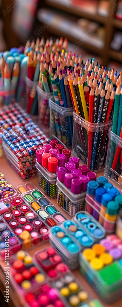 Colorful art supplies in containers. Colorful art supplies in containers.