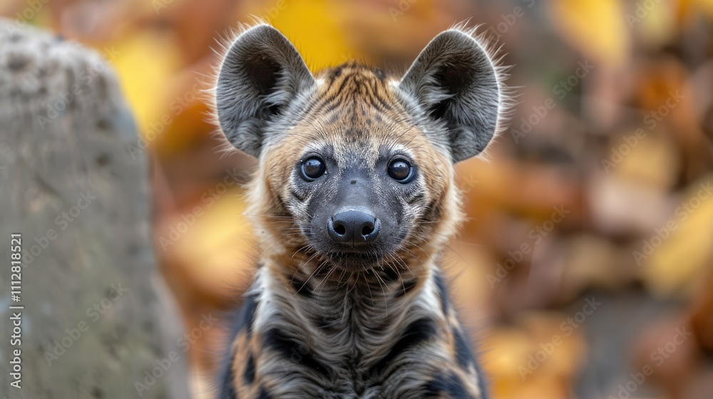 Close-up portrait of a striped hyena cub looking directly at the camera, set against a blurred background of autumn leaves. Close-up portrait of a striped hyena cub looking directly at the camera, set against a blurred background of autumn leaves.