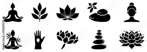 Set black icons for yoga, massage or spa. Beautiful women in the lotus position with elements of nature, such as leaves or stones. Logo collection for a wellness center, health clinic, or beauty salon