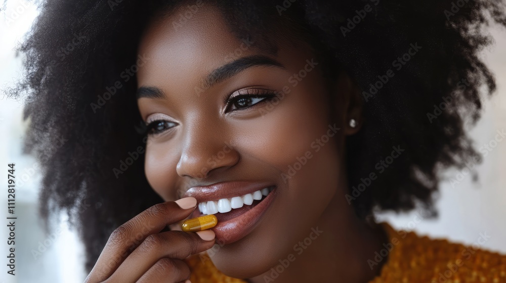 A joyful woman with curly hair holds a yellow capsule near her smile, showing her bright white teeth. The warm and inviting atmosphere enhances the moment A joyful woman with curly hair holds a yellow capsule near her smile, showing her bright white teeth. The warm and inviting atmosphere enhances the moment