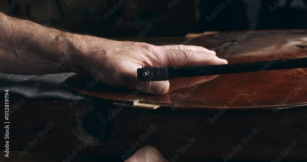 Super slow motion close up of experienced master luthiers hands refines violin with meticulous care at 1000 fps. Each precise cut highlights artistry and expertise behind creation. Super slow motion close up of experienced master luthiers hands refines violin with meticulous care at 1000 fps. Each precise cut highlights artistry and expertise behind creation.
