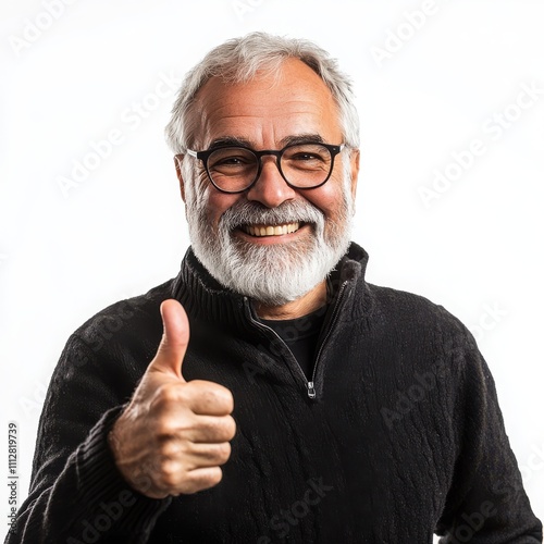 Cheerful elderly man gray hair beard glasses black sweater thumbs up gesture