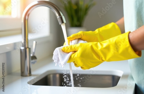 Woman's hands in yellow rubber protective gloves washing white cloth or rag over the sink. Housekeep and cleaning photo