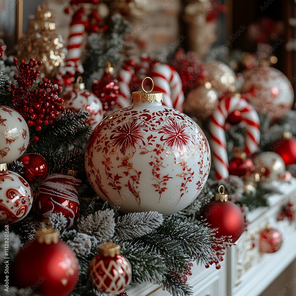 Vibrant Holiday Display Showcasing Festive Red and White Baubles Paired with Candy Background Vibrant Holiday Display Showcasing Festive Red and White Baubles Paired with Candy Background