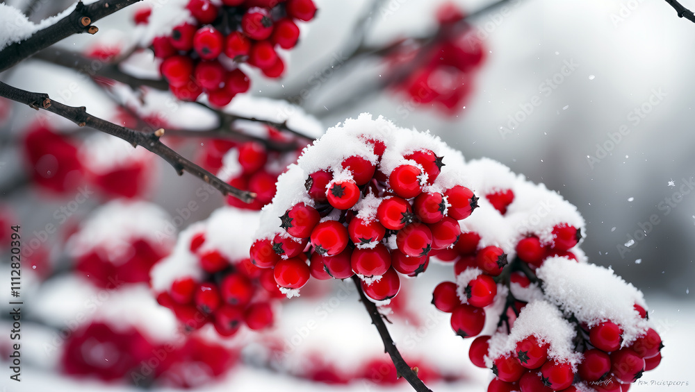Snow-covered rowan berries (mountain ash) on branches, creating a beautiful winter scene with vibrant red berries contrasting against the snow.
Snow-covered rowan berries (mountain ash) on branches, creating a beautiful winter scene with vibrant red berries contrasting against the snow.