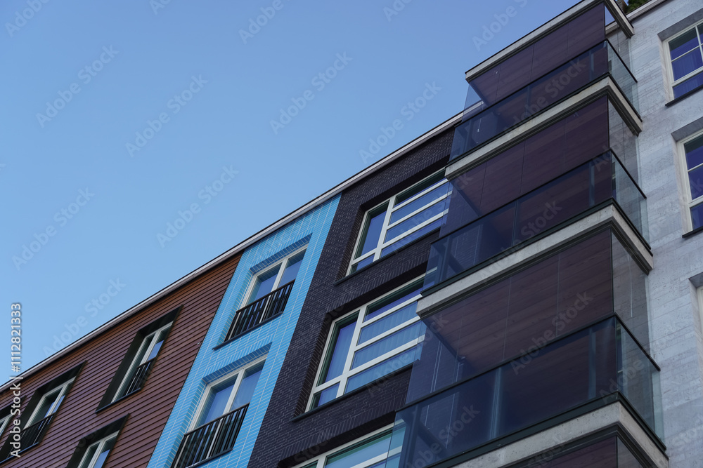 Modern architecture showcases vibrant colors in Noblessner, Tallinn, Estonia during a sunny day in 2024