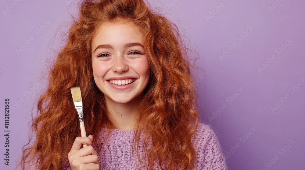 A Portrait of a Happy Redhead Woman Holding a Paintbrush Against a Lavender Background A Portrait of a Happy Redhead Woman Holding a Paintbrush Against a Lavender Background