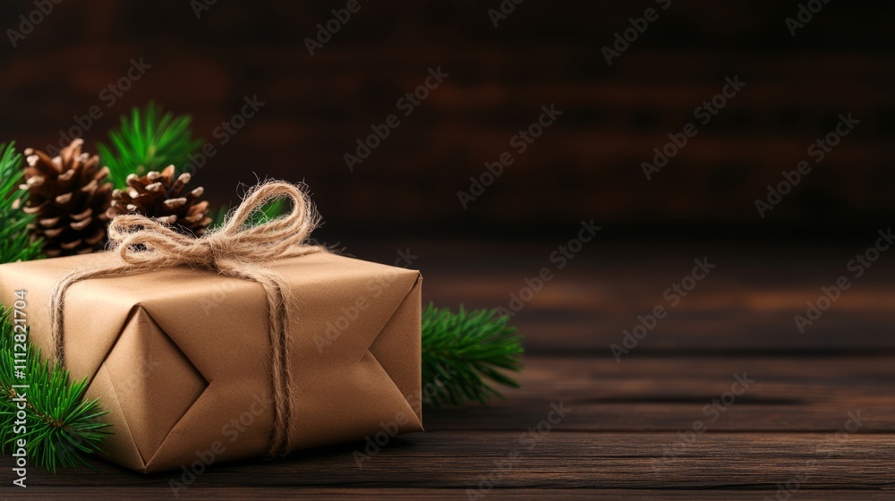 Handmade Christmas gift wrapped in kraft paper on rustic wooden table with pine cones and greenery Handmade Christmas gift wrapped in kraft paper on rustic wooden table with pine cones and greenery
