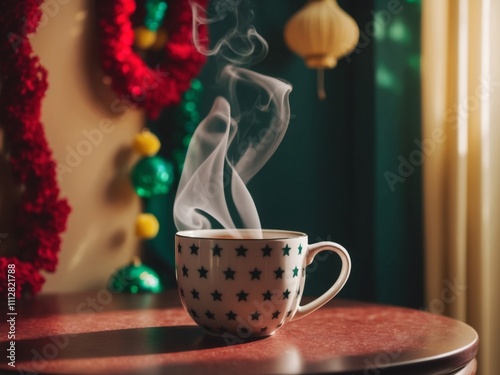 Black tea in a starry mug on a dark wooden surface with vibrant decorations creating a cozy and inviting atmosphere. photo