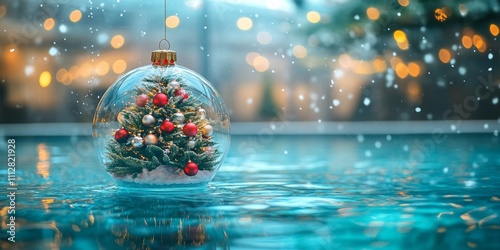 Miniature Christmas Tree in Glass Ornament Floating on Water