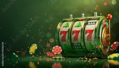 3D visualization of a slot machine with three lucky sevens on a vibrant green background, can be used for advertising