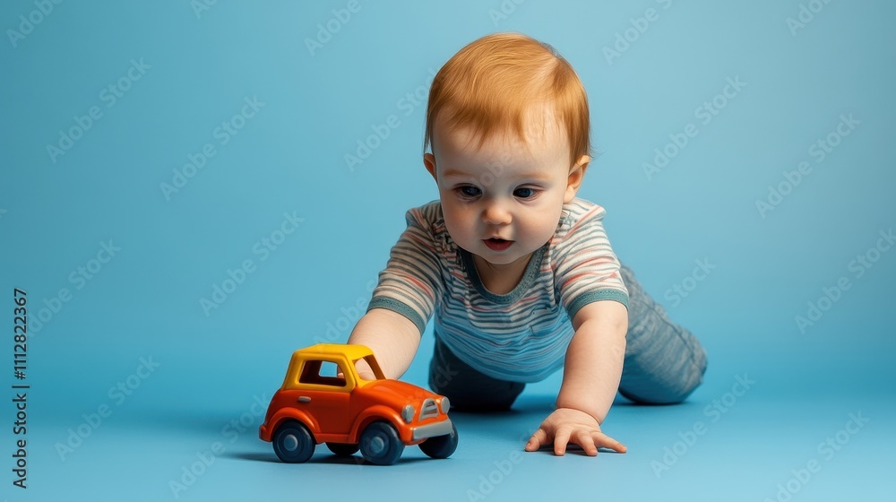 Adorable Redhead Baby Boy Playing with Toy Car on Blue Background Studio Shot Child Development Early Childhood Fun Playtime Adorable Redhead Baby Boy Playing with Toy Car on Blue Background Studio Shot Child Development Early Childhood Fun Playtime