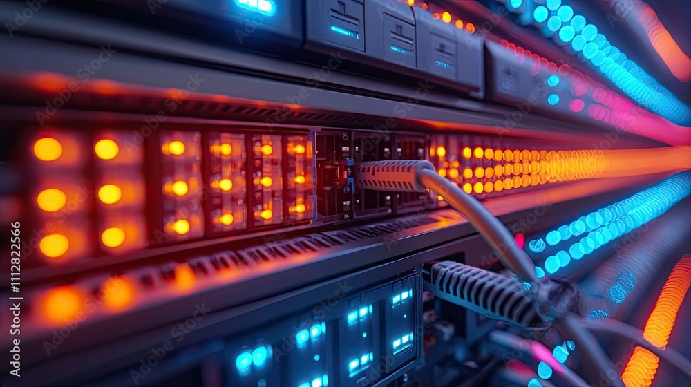 network server panel switch and patch cord cable in data center glowing in the dark blue le network server panel switch and patch cord cable in data center glowing in the dark blue le