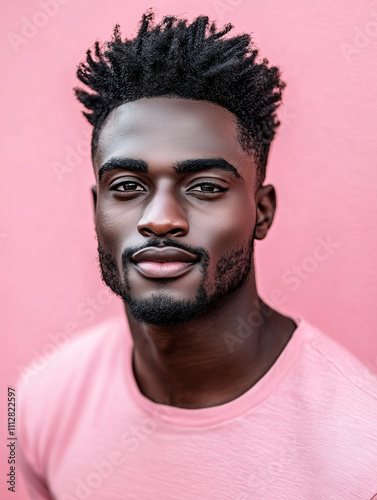 Hombre afroamericano joven con gafas y camiseta casual sobre fondo rosa