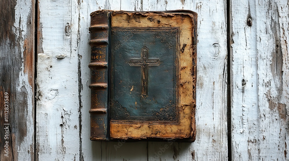 old book on a white wooden background with a cross in the middle old book on a white wooden background with a cross in the middle