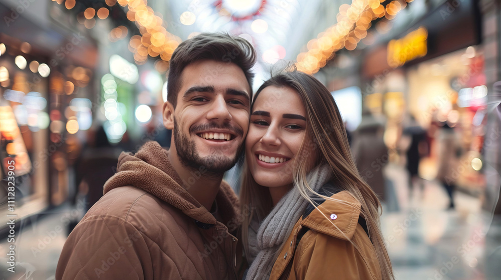 Young Smiling Couple Enjoying a Day at the Mall in a Festive Setting. Concept of Shopping Fun, Holiday Cheer, Love, and Togetherness Young Smiling Couple Enjoying a Day at the Mall in a Festive Setting. Concept of Shopping Fun, Holiday Cheer, Love, and Togetherness