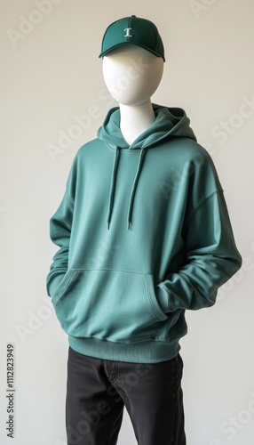 Teal Oversized Hoodie and Baseball Cap on Mannequin