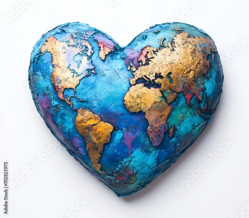 Creative heart-shaped portrayal of Earth with continents, emphasizing care for the planet and environmentalism.